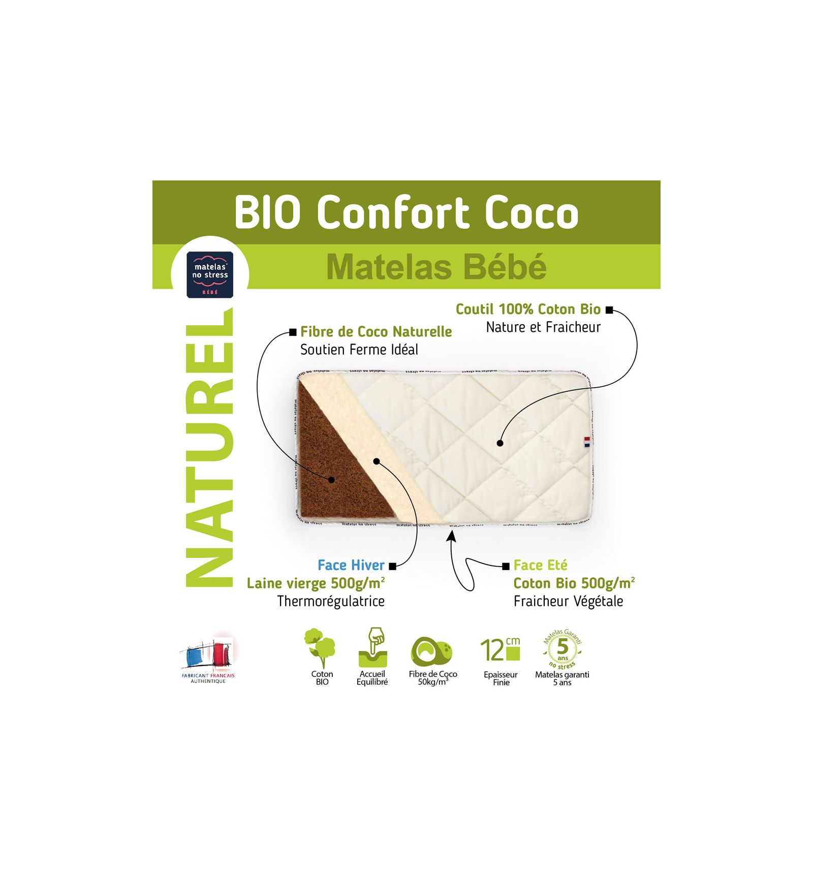 Matelas 60x1 Fibre De Coco Bio