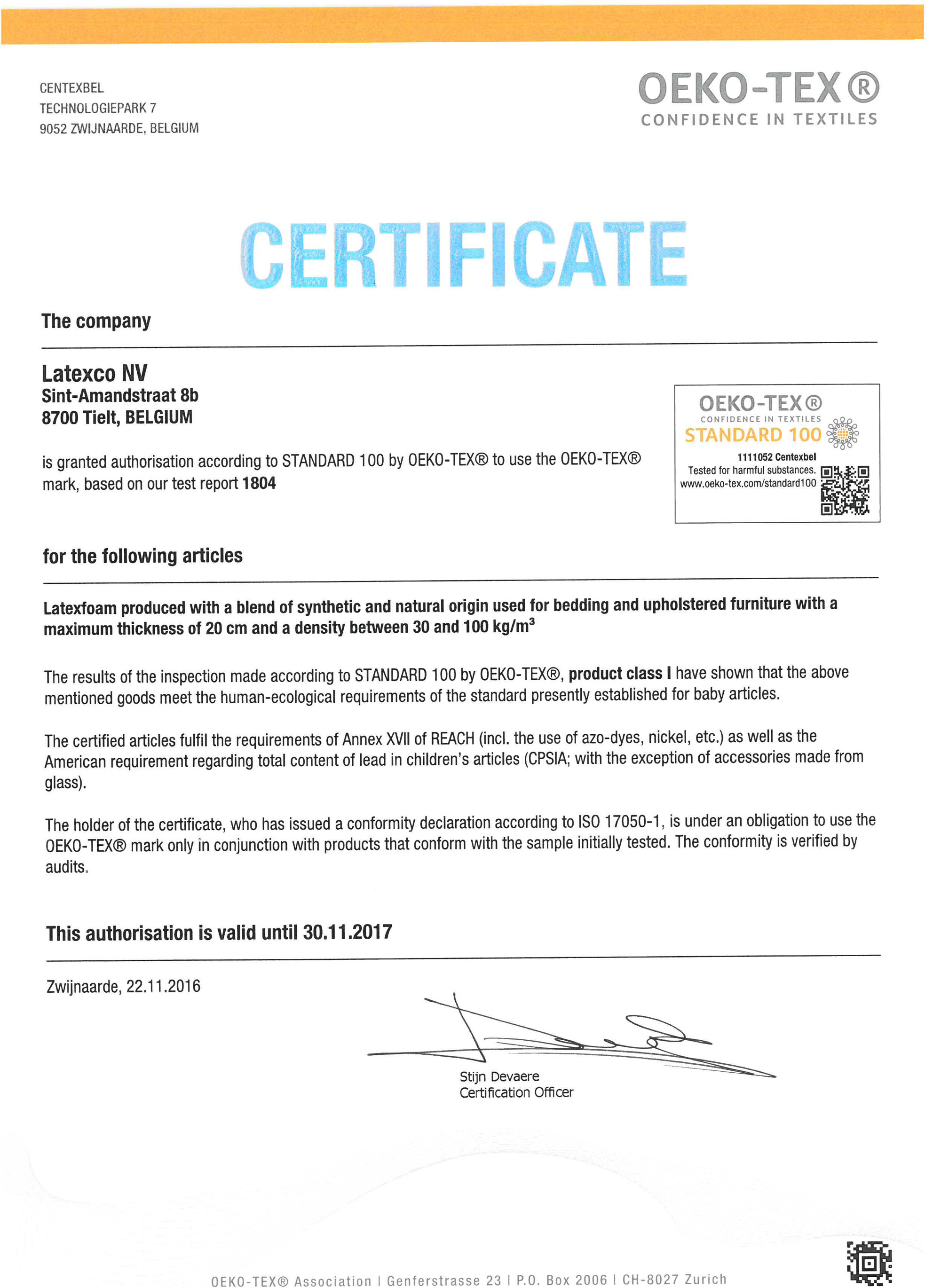 Certificat oeko -tex 2017
